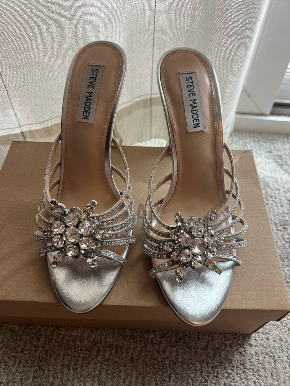 Steve Madden Paloma Silver Crystal Embellished Slide Heels